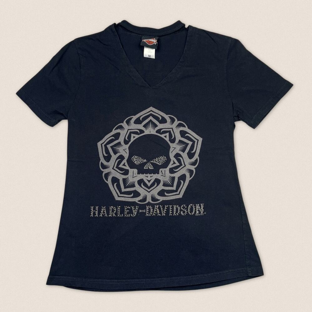Harley Davidson Rhinestone Skull Black T-shirt V Cut Out Women’s Top‎ - Medium